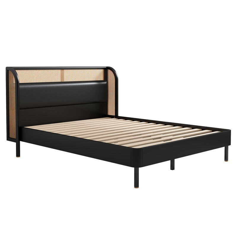 Modern Rattan Wood Platform Queen Bed