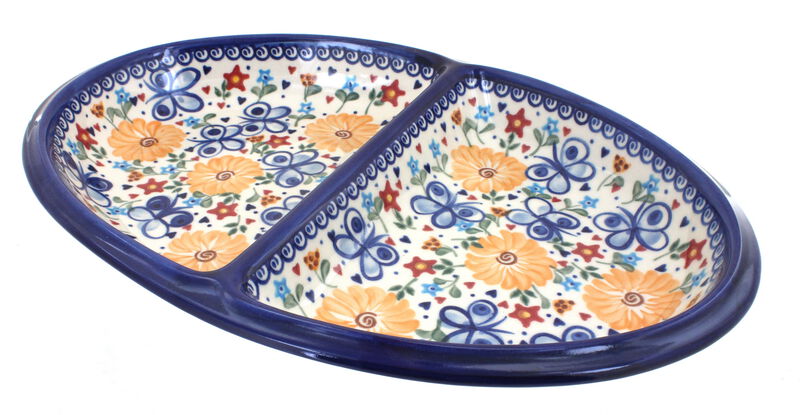 Blue Rose Polish Pottery Poinsettia Large Divided Dish