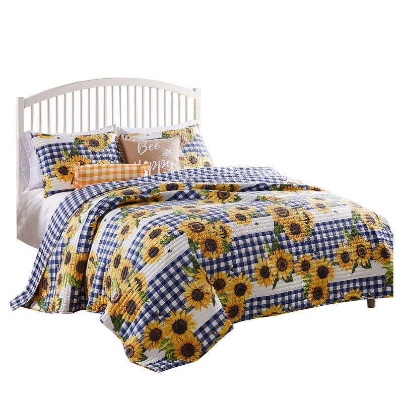 3 Piece King Quilt Set with Sunflower Print, Yellow - Benzara