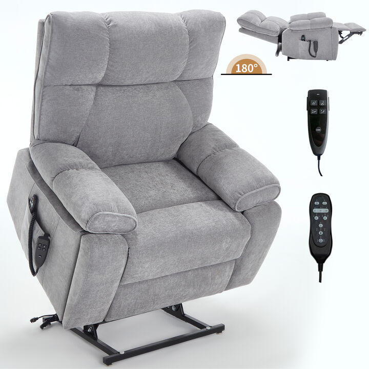 Grey Heat Massage Dual Motor Infinite Position Up to 350 LBS Large Electric Power Lift Recliners with Hidden Cup Holders, Power-Remote, Medium-firm and Heavy Duty