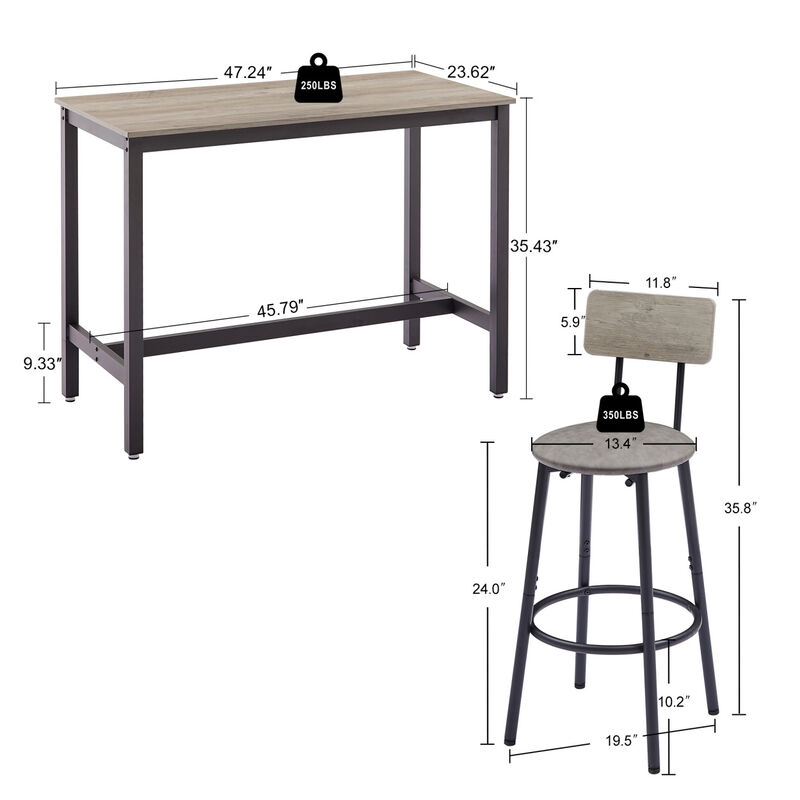 Bar Table Set With 4 Bar Stools PU Soft Seat With Backrest, Grey, 47.24" L X 23.62" W X 35.43"