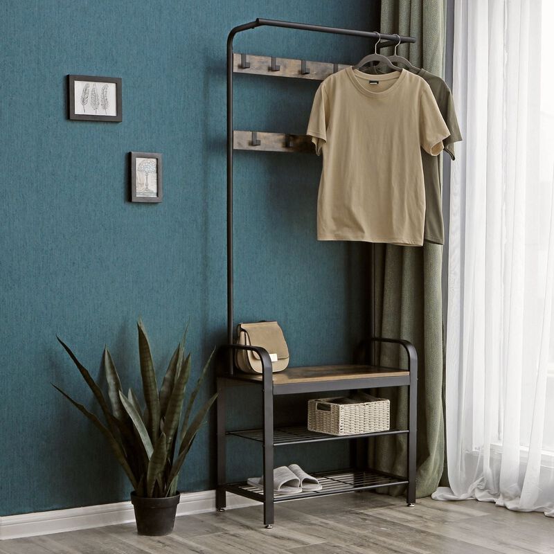 BreeBe Industrial Coat Rack with Bench for Entryway