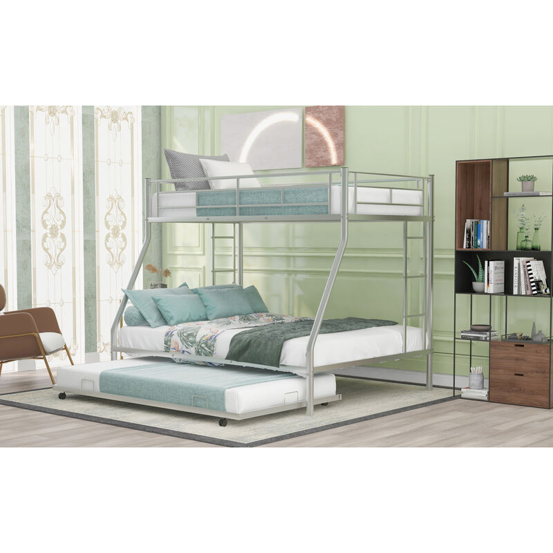 Twin over Full Bed with Sturdy Steel Frame, Bunk Bed with Twin Size Trundle, Two-Side Ladders, Black