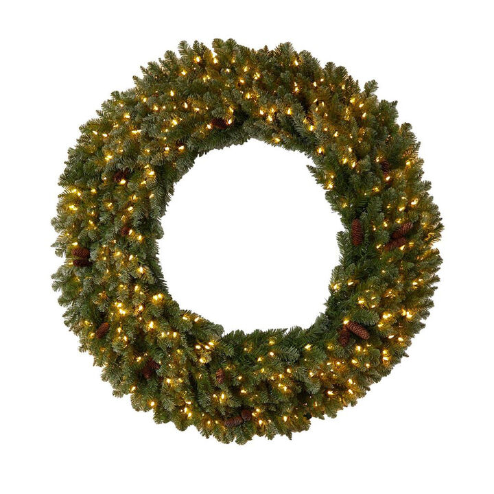 Nearly Natural 5-ft Flocked Artificial Christmas Wreath with Pinecones, 300 Clear LED Lights and 680 Bendable Branches