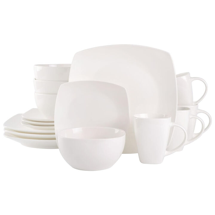 Gibson Soho Lounge 16 Piece Fine Ceramic Soft Square Stoneware Dinnerware Set in White