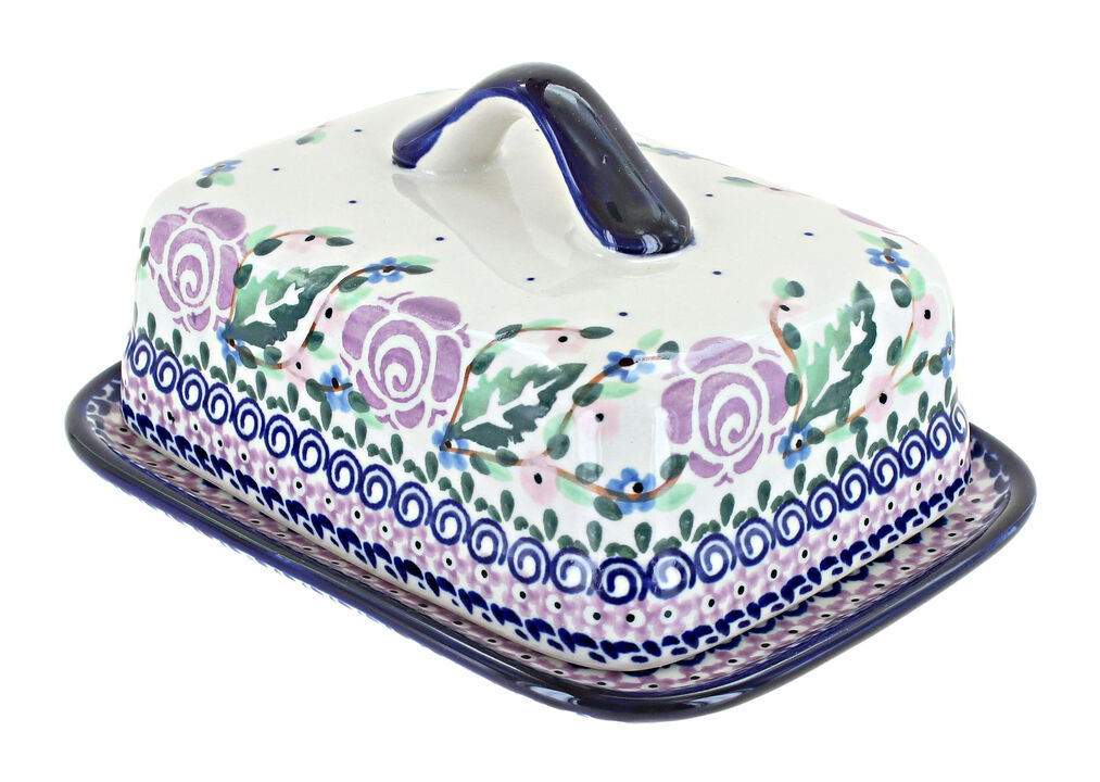 Blue Rose Polish Pottery Majestic Pansy Square Butter Dish