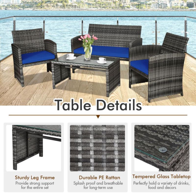 Hivvago 4 Pieces Patio Rattan Furniture Set with Glass Table and Loveseat