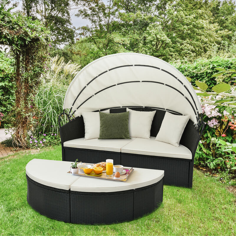 Clamshell Patio Round Daybed Wicker with Retractable Canopy and Pillows