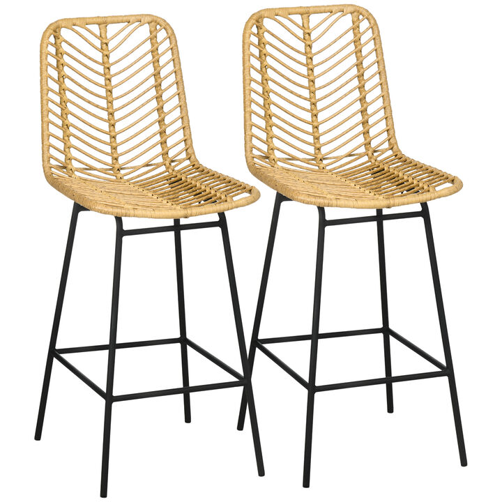 HOMCOM Modern Rattan Bar Stools, Breathable Steel-Base Wicker Counter Height Barstools for Kitchen Counter, Set of 2, Black