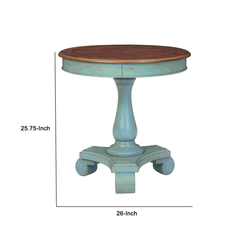 Wooden Accent Table with Round Tabletop, Teal Blue and Brown - Benzara