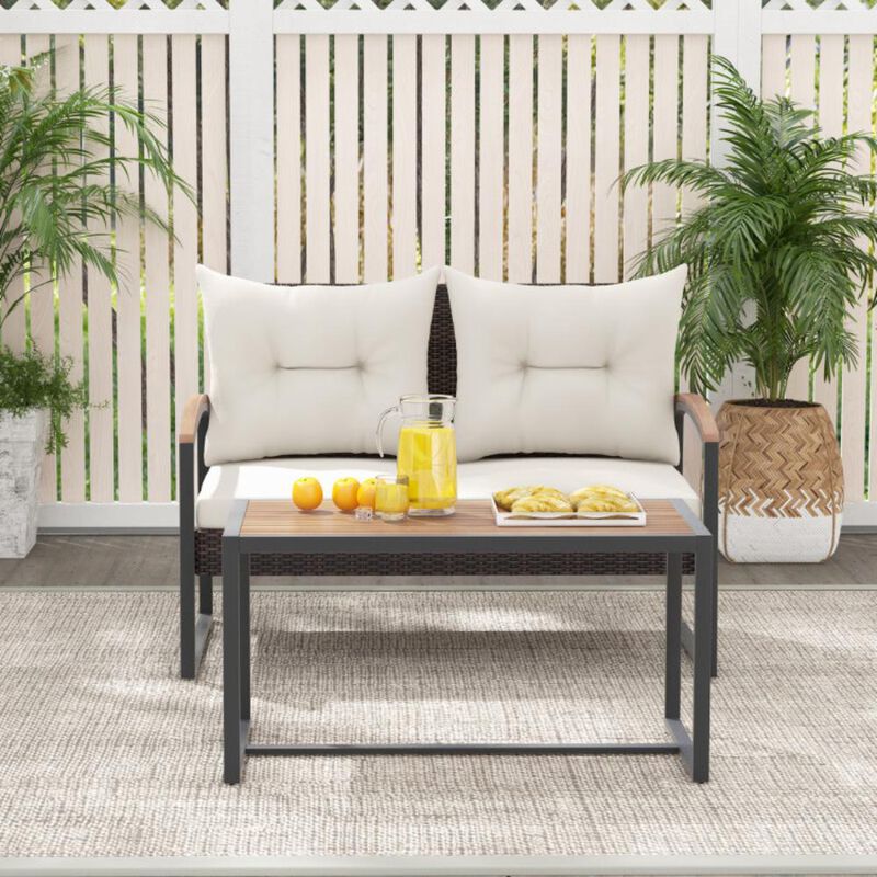 Hivvago 2 Pieces Patio PE Wicker Furniture Set with Acacia Wood Coffee Table