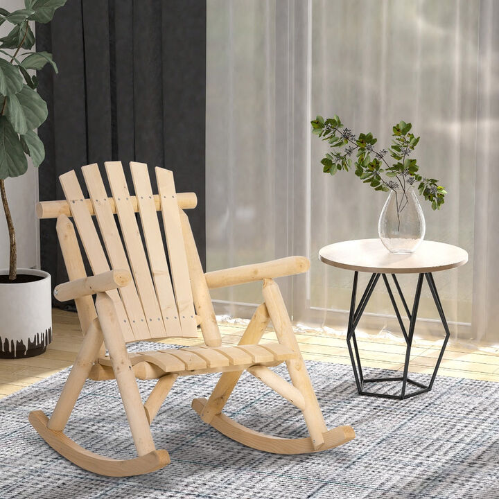 Natural Wooden Rustic Rocking Chair: Indoor Outdoor Adirondack Log Rocker with Slatted Design for Patio, Lawn