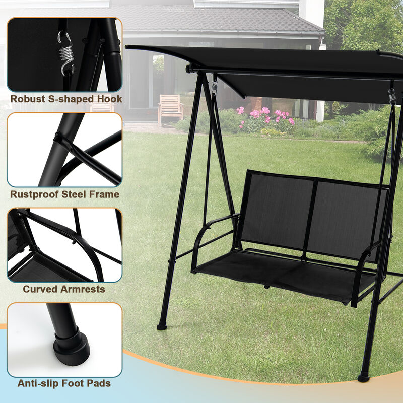 2-Seat Outdoor Canopy Swing with Comfortable Fabric Seat and Heavy-duty Metal Frame