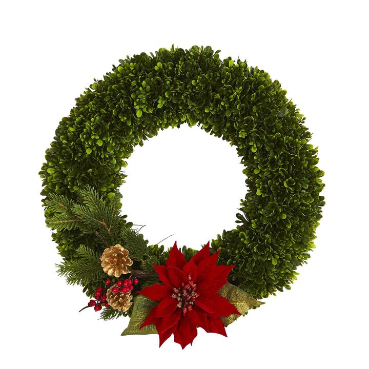 Nearly Natural 18-in Tea Leaf, Poinsettia and Pine Artificial Wreath