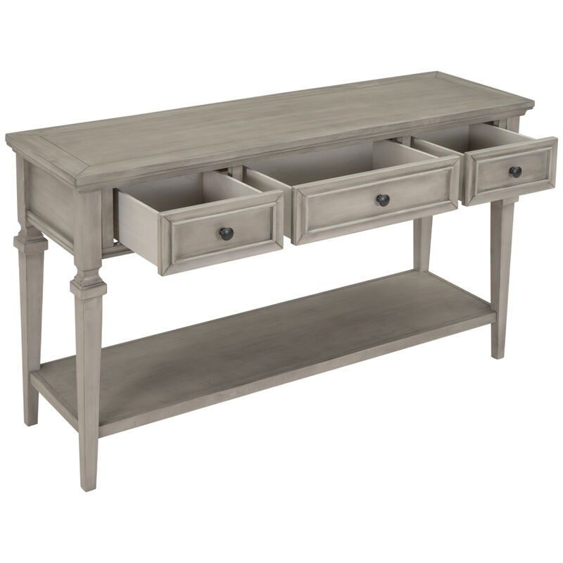 Classic Retro Style Console Table with Three Top Drawers and Open Style Bottom Shelf, Easy Assembly (Antique White)