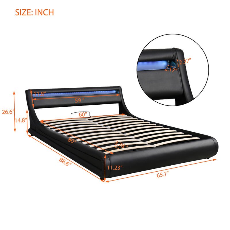 Upholstered PU Leather Platform bed with a Hydraulic Storage System with LED Light Headboard Bed Frame with Slatted Queen Size