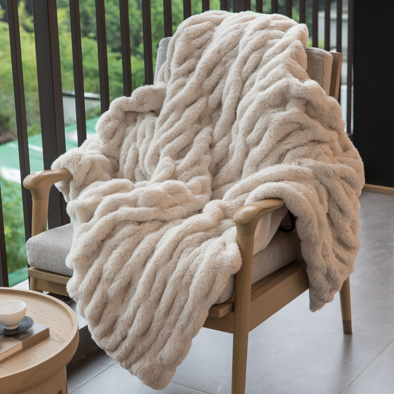 Set of 2 Luxurious 50 in. x 60 in. Rached Faux Fur Cozy Throw Blanket - Decorative Plush Blanket for Sofa and Bed, Soft and Comfortable Home Accent, Warm Winter Blanket, Cream