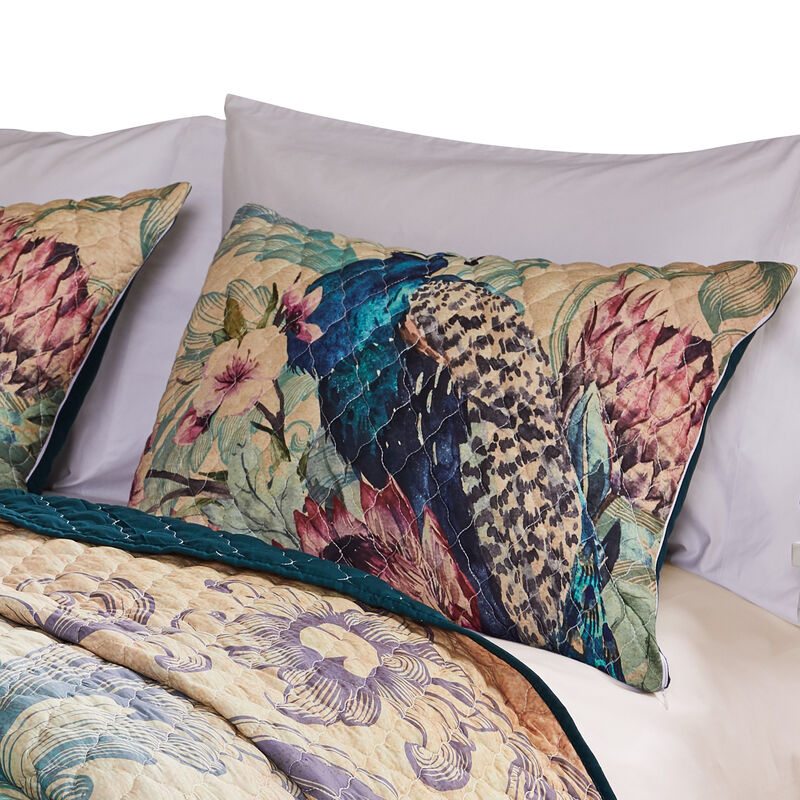 Ufa 36 Inch Quilted King Pillow Sham, Peacock Print, Vermicelli Stitching - Benzara