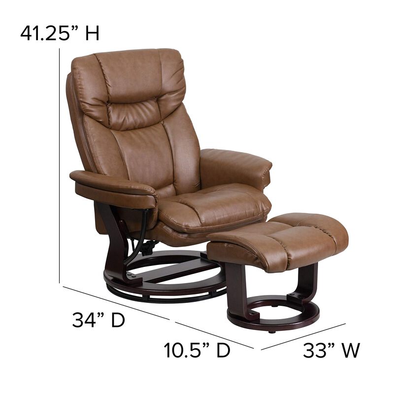 Flash Furniture Allie Contemporary Multi-Position Recliner and Curved Ottoman with Swivel Mahogany Wood Base in Palimino LeatherSoft, 44.5"D x 33"W x 41.25"H