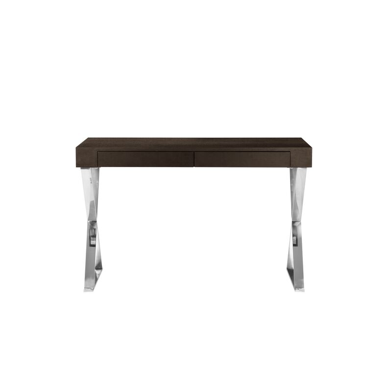 Rix 47 Inch Office Desk, Espresso Brown Wood, 2 Drawers, X Polished Steel - Benzara