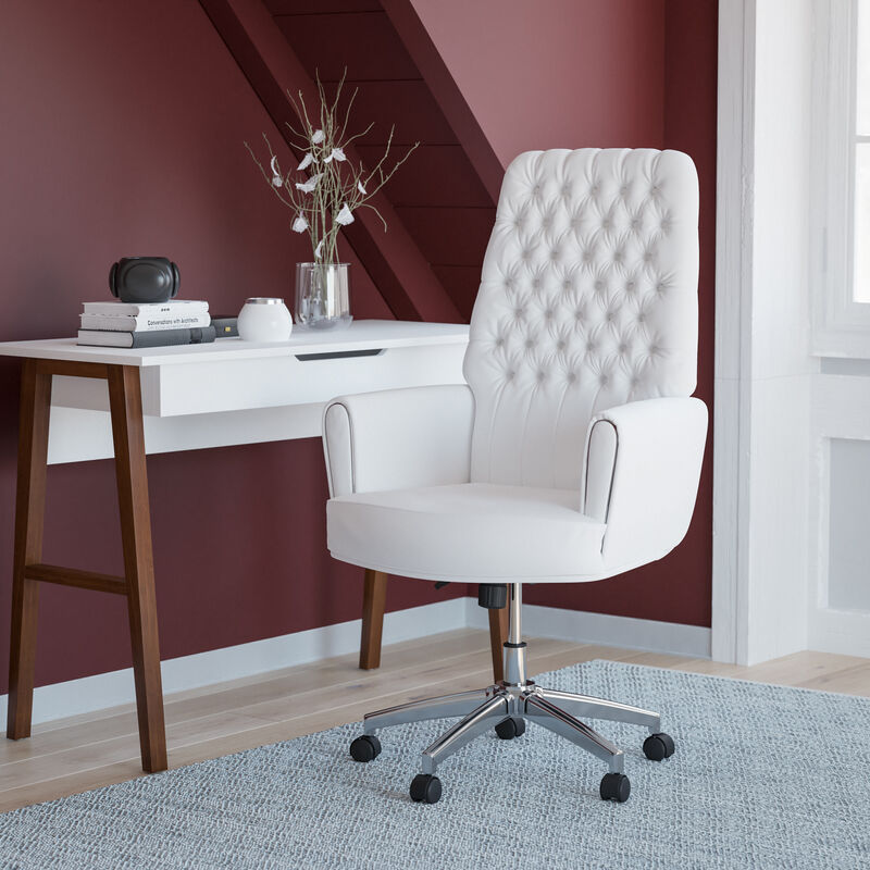 Rochelle High Back Traditional Tufted White LeatherSoft Executive Swivel Office Chair with Arms