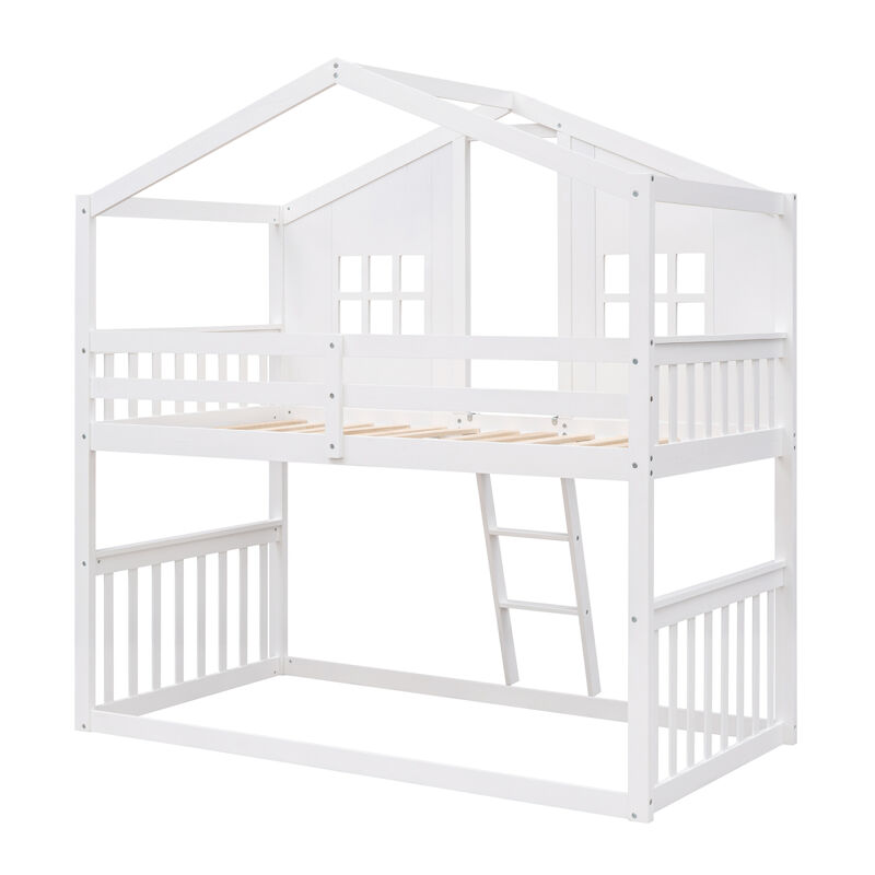 Twin Over Twin House Bunk Bed With Ladder, Wood Bed-Gray