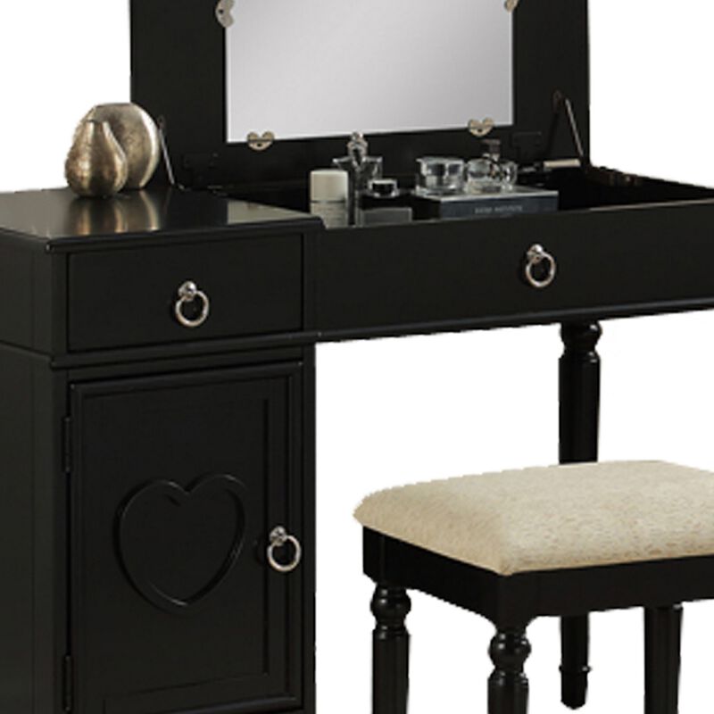 Seraph Vanity Set Featuring Stool And Mirror Black-Benzara