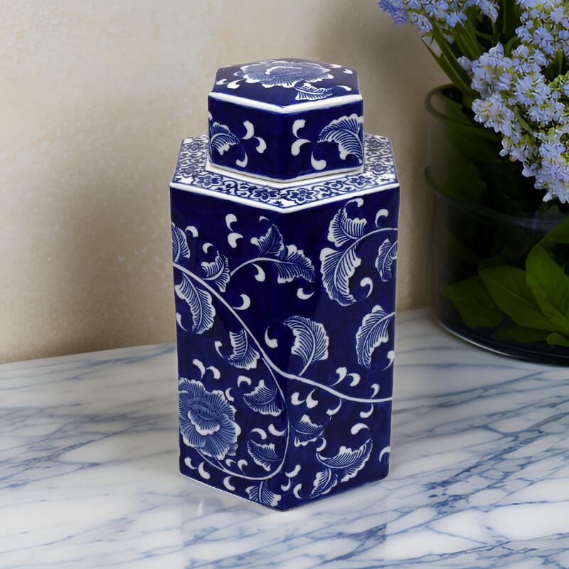 Deno 13 Inch Decorative Jar with Lid, Ceramic, Filigree in Blue and White - Benzara