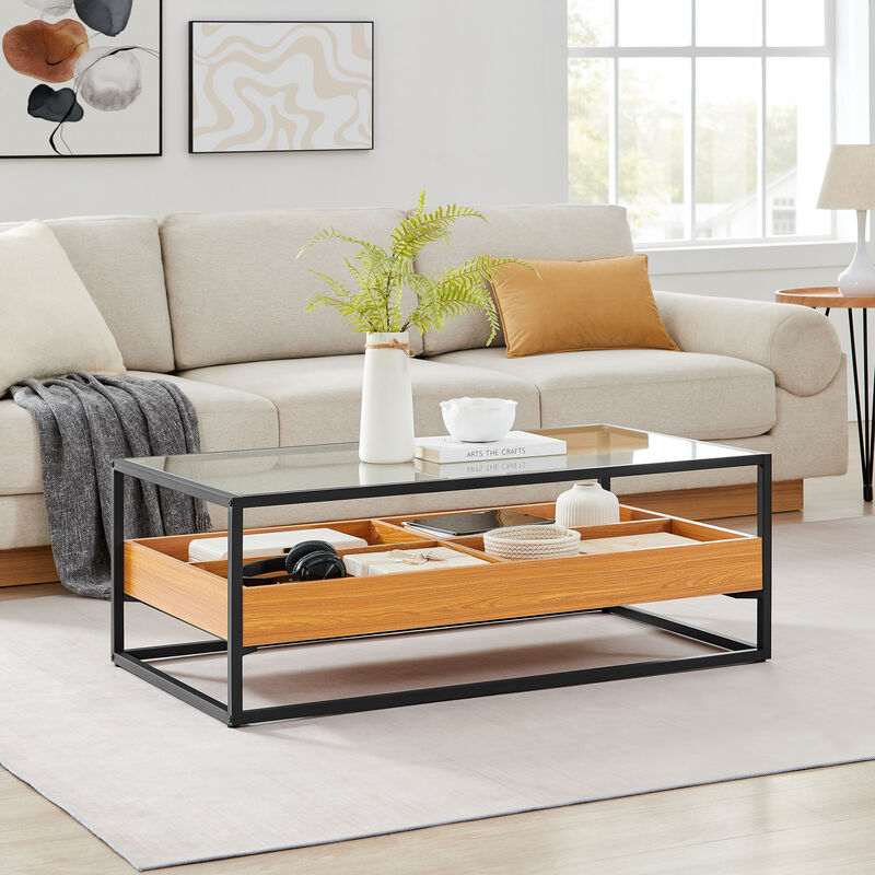 Saarinen Two-Level Modern Sunken Glass Display Shelf Rectangle Low Coffee Table