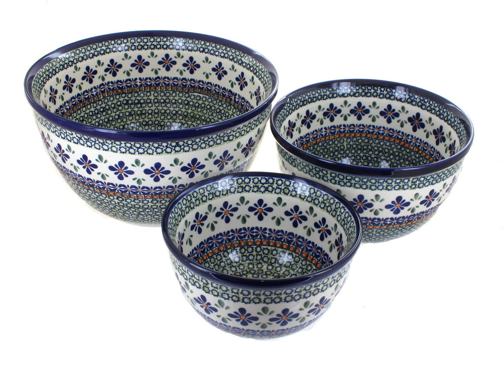 Blue Rose Polish Pottery Flowering Peacock Mixing Bowl Set