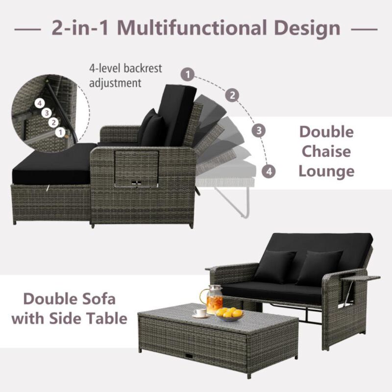 Hivvago Patio Wicker Loveseat Sofa with Multipurpose Ottoman and Retractable Side Tray