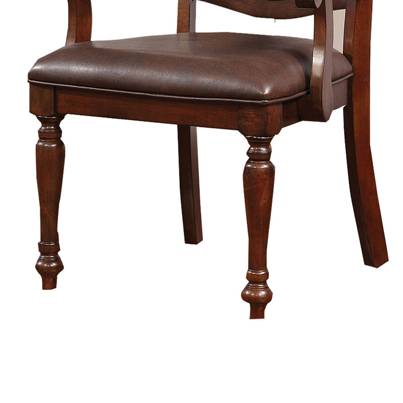 Wooden Arm Chair With Leather Upholstery, Cherry Brown, Set Of 2-Benzara