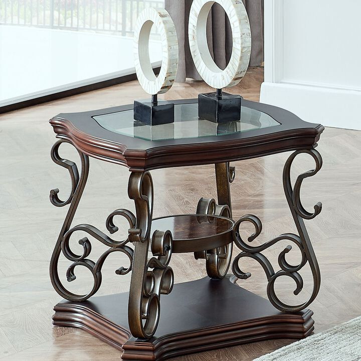 Glass Top End Table with MDF Marble Shelf & Metal Legs Powder Coat Finish