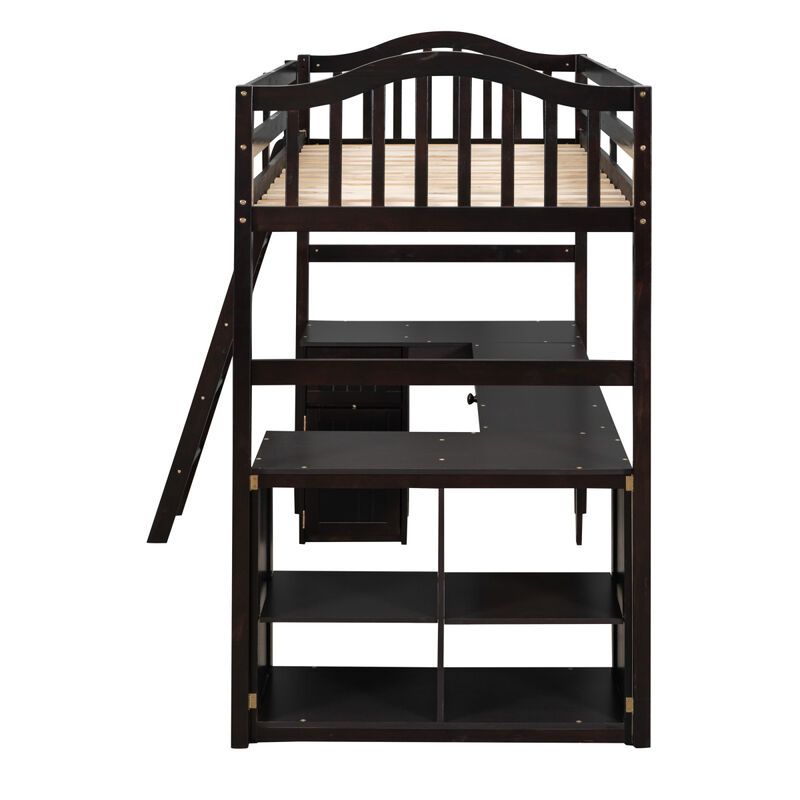 Twin size Loft Bed with Drawers, Cabinet, Shelves and Desk, Wooden Loft Bed with Desk - Espresso