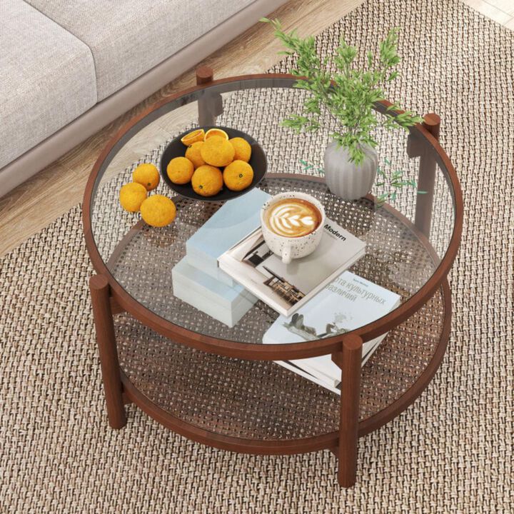Hivvago 2-Tier Round Coffee Table with Tempered Glass Top for Living Room
