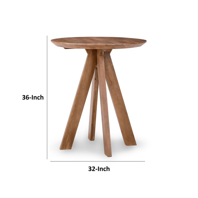 Dri 36 Inch Counter Table, Round Top, Pyramid Base, Brown Solid Mango Wood - Benzara