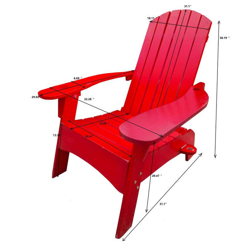 Outdoor or indoor Wood Adirondack chair with an hole to hold umbrella on the arm, red