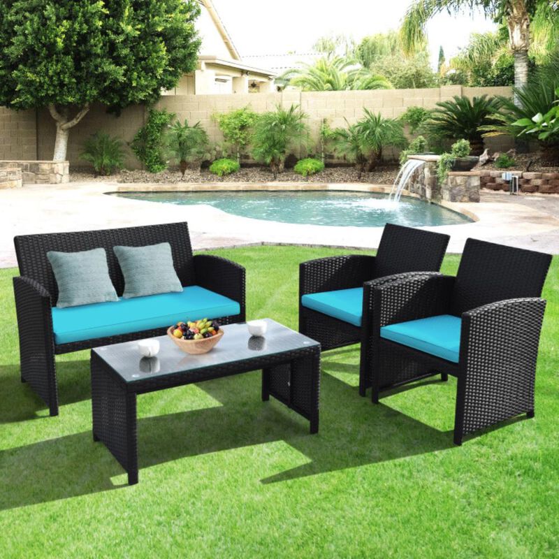 Hivvago 4 Pieces Rattan Patio Furniture Set with Weather Resistant Cushions and Tempered Glass Tabletop