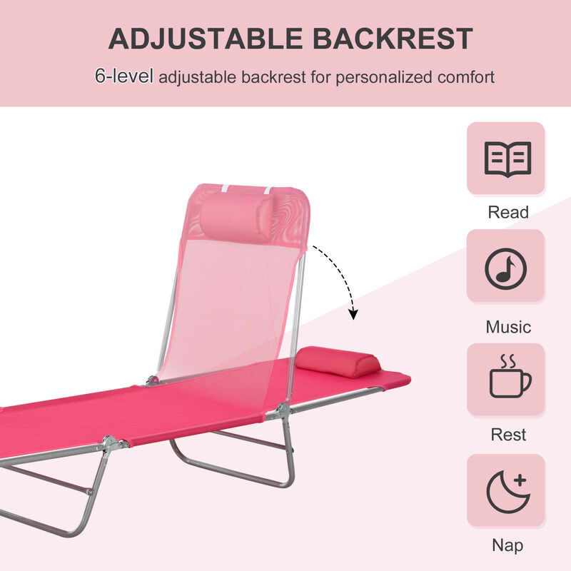 Outdoor Folding Sun Lounge Chair with Reclining Backrest & Pillow, Pink