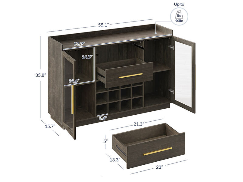 BELLEZE 55" Wine Cabinet, Sideboard Buffet with Wine Rack and Glass Holder, Home Coffee Bar Freestanding Liquor Cabinet with Display Glass Doors for Living Room, Dining Room - Marcel (Brown)