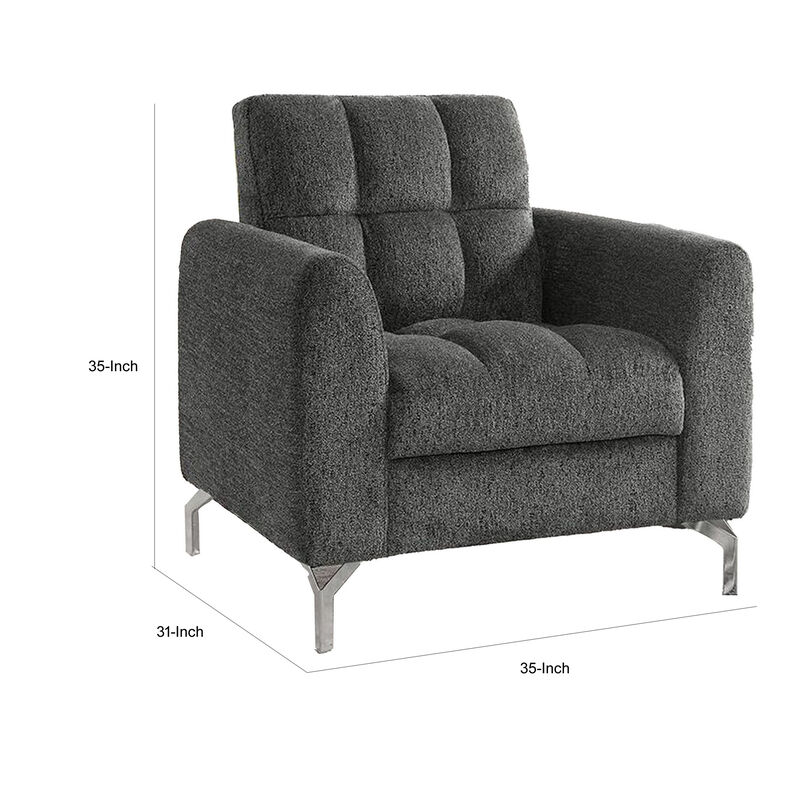 Lupe 35 Inch Chair, Biscuit Tufted, Chrome Legs, Gray Chenille Upholstery - Benzara