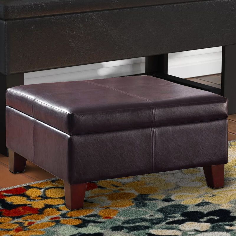 Leatherette Upholstered Wooden Ottoman With Hinged Storage, Brown, Large - Benzara