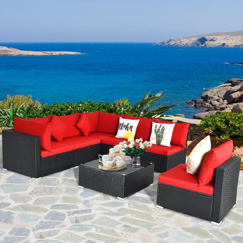 7-Piece Outdoor Wicker Patio Sofa Set with 2 Pillows and Cushions