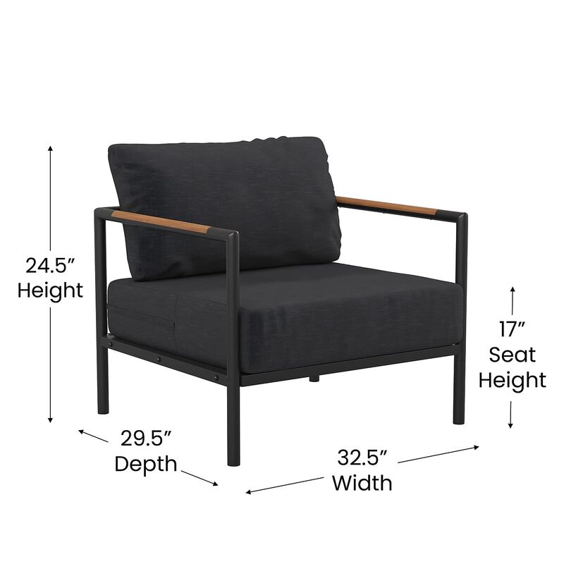 Flash Furniture Lea Indoor/Outdoor Patio Chair with Cushions - Modern Aluminum Framed Chair with Teak Accented Arms, Black with Charcoal Cushions