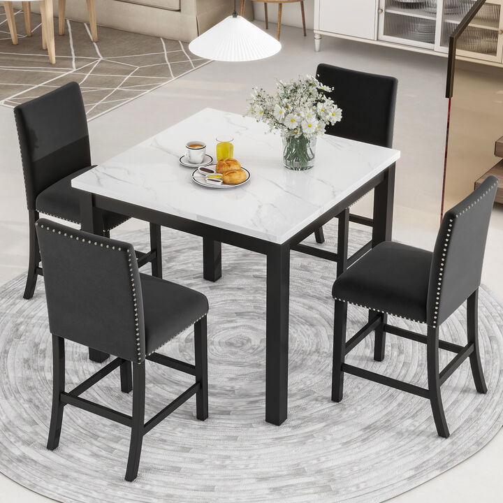 5piece Counter Height Dining Table Set with One Faux Marble Top Dining Table and Four Velvet Upholstered Chairs, Black