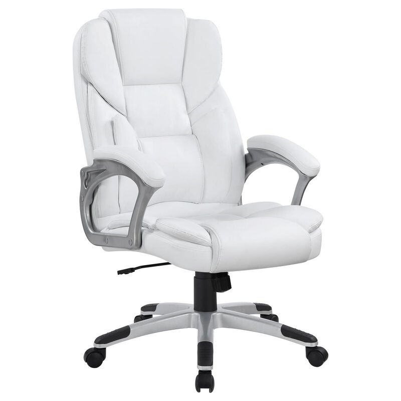 Contemporary Leatherette Executive High Back Chair, White, Silver - Benzara