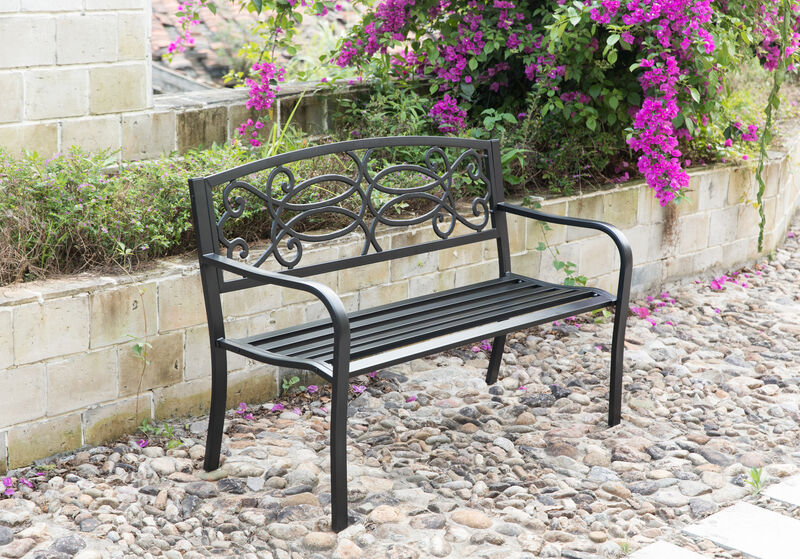 Steel Outdoor Patio Garden Park Seating Bench with Cast Iron Scrollwork Backrest, Front Porch Yard Bench Lawn Decor