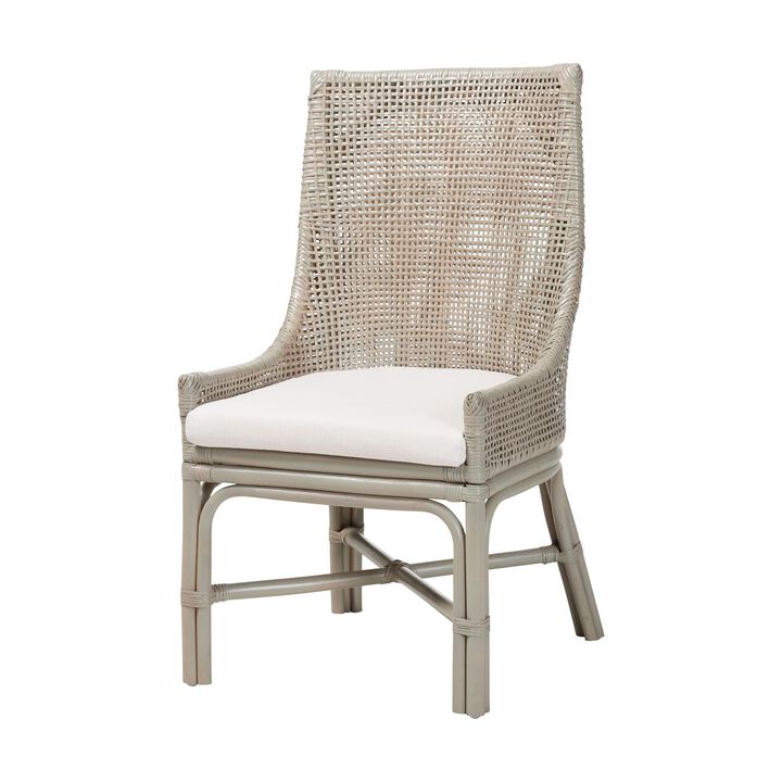 bali & pari Bella Rattan Dining Chair with Cushion - Handwoven Wicker Accent Side Chair with High Backrest, Coastal Boho Seating for Kitchen or Dining Area, French Grey