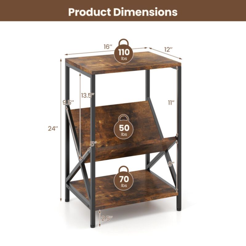 Hivvago 3-Tier Industrial Side Table with V-shaped Bookshelf for Living Room-Rustic Brown