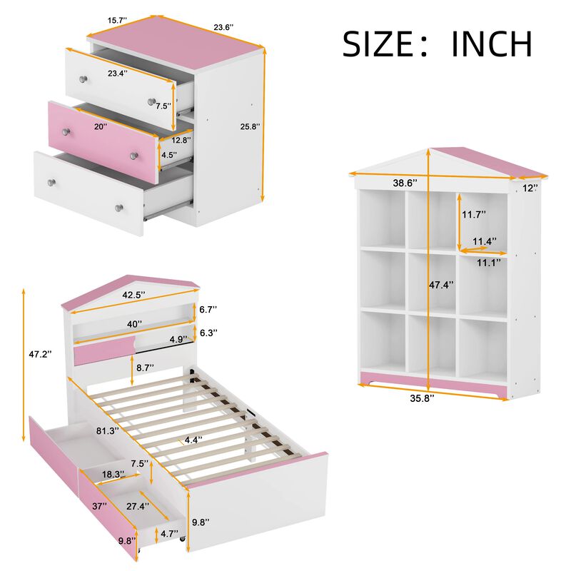 Merax 3-Pieces Bedroom Bed Nightstand and Stroage Rack Sets